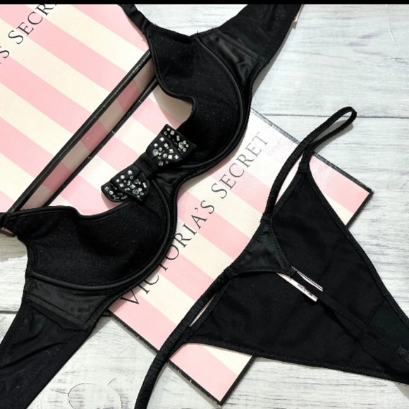 Victoria Secret-2pc Dream Angels Shine Bow Quarter-Cup Bra & Thong Set-34DD/XL - Picture 4 of 5